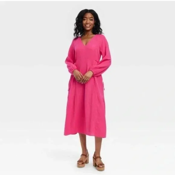knee length dresses for ladies Crinkle Gauze Short Sleeve Empire Waist Midi Dress-Coralred  Tribal  Fashion
